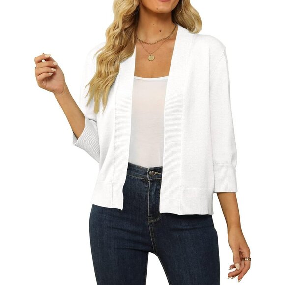 Tops - Women's Cropped Cardigan Sweater Lightweight 3/4 Sleeve Open Front Short